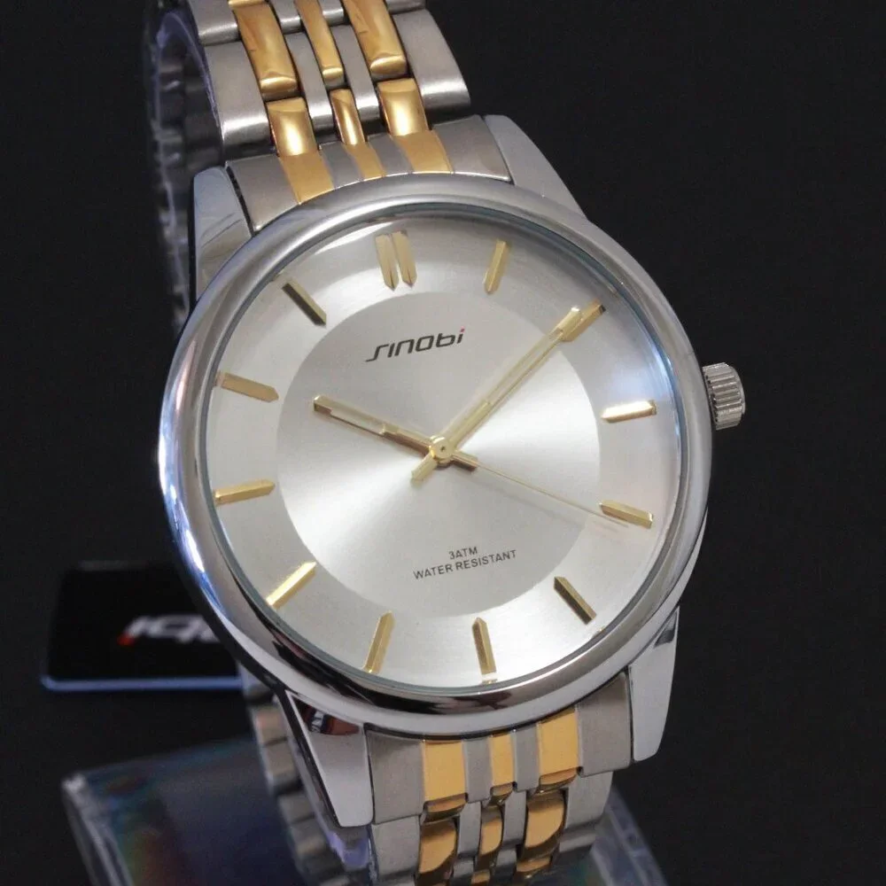 Men's Casual Watch Two Tone Silver Sunburst Dial Gold Hands, Indices 38mm